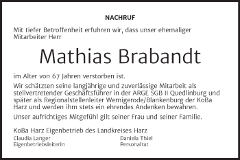 Traueranzeige von Mathias Brabandt von Mitteldeutsche Zeitung Quedlingburg