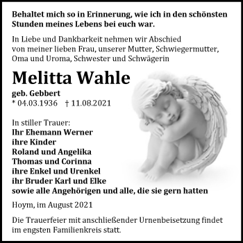 Traueranzeige von Melitta Wahle von Trauerkombi Aschersleben