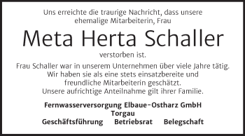 Traueranzeige von Meta Herta Schaller von Mitteldeutsche Zeitung