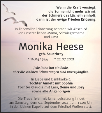 Traueranzeige von Monika Heese von Trauerkombi Bitterfeld