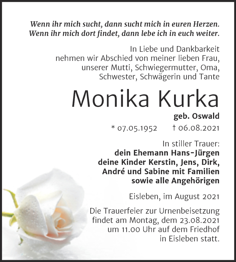  Traueranzeige für Monika Kurka vom 14.08.2021 aus Trauerkombi Mansfelder Land