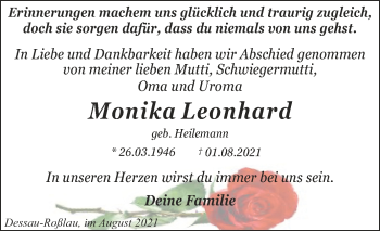 Traueranzeige von Monika Leonhard von Trauerkombi Dessau