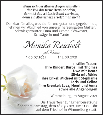 Traueranzeige von Monika Reichelt von Trauerkombi Mansfelder Land