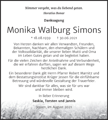 Traueranzeige von Monika Walburg Simons von Trauerkombi Wittenberg