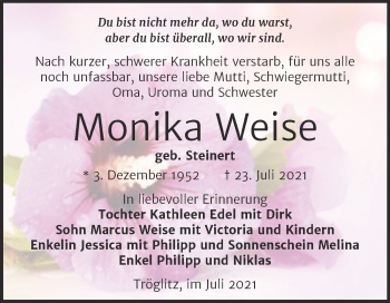 Traueranzeige von Monika Weise von Trauerkombi Zeitz