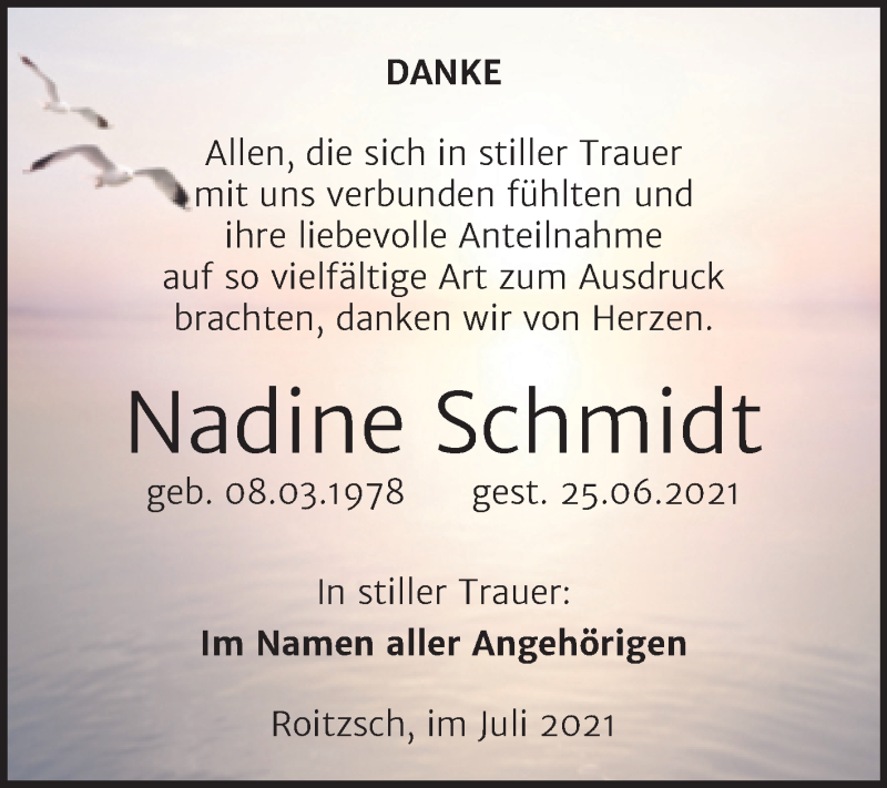  Traueranzeige für Nadine Schmidt vom 31.07.2021 aus Trauerkombi Bitterfeld