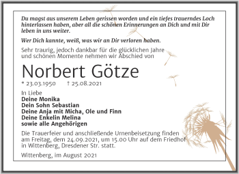 Traueranzeige von Norbert Götze von Trauerkombi Wittenberg