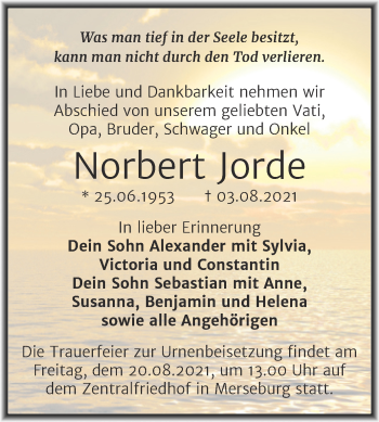 Traueranzeige von Norbert Jorde von Trauerkombi Merseburg