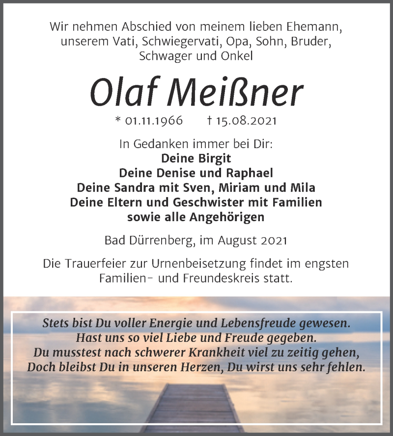  Traueranzeige für Olaf Meißner vom 21.08.2021 aus Trauerkombi Merseburg