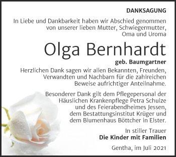 Traueranzeige von Olga Bernhardt von Trauerkombi Wittenberg