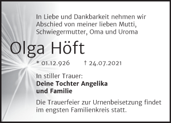 Traueranzeige von Olga Höft von Mitteldeutsche Zeitung Halle/Saalkreis