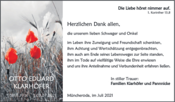 Traueranzeige von Otto Eduard Klarhöfer von Naumburger Tageblatt