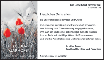 Traueranzeige von Otto Eduard Klarhöfer von Wochenspiegel Naumburg/Nebra