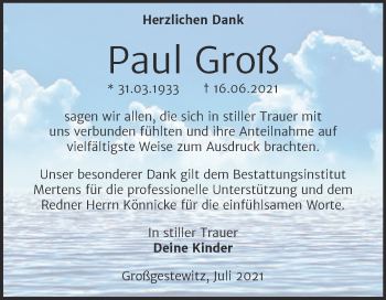 Traueranzeige von Paul Groß von Wochenspiegel Naumburg/Nebra