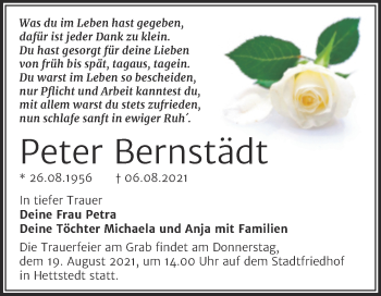 Traueranzeige von Peter Bernstädt von Trauerkombi Mansfelder Land