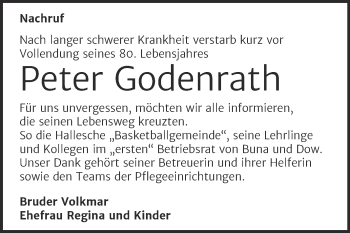Traueranzeige von Peter Godenrath von Mitteldeutsche Zeitung Halle/Saalkreis