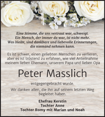 Traueranzeige von Peter Masslich von Trauerkombi Bitterfeld