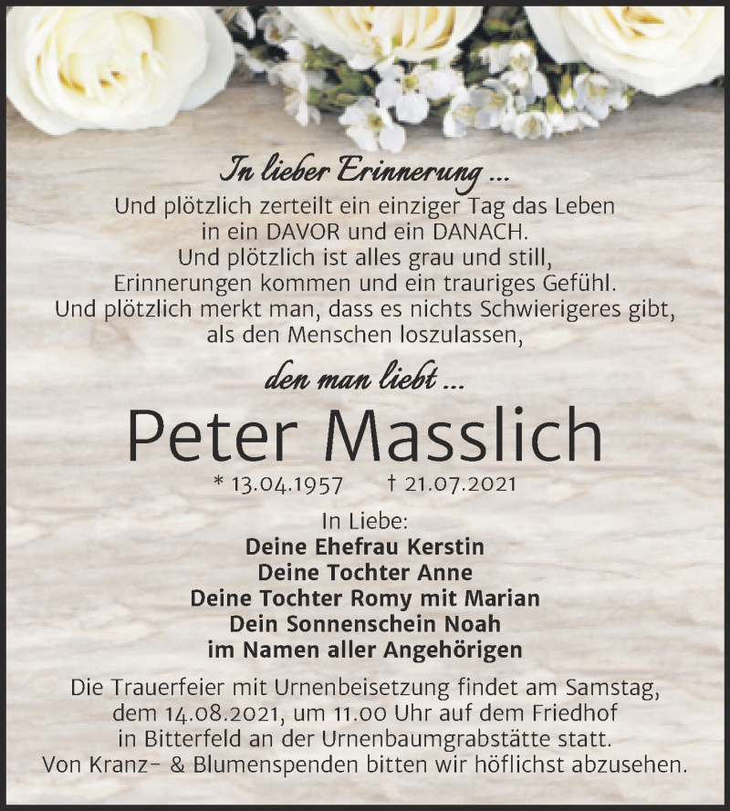  Traueranzeige für Peter Masslich vom 04.08.2021 aus Trauerkombi Bitterfeld