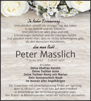 Traueranzeige von Peter Masslich von Trauerkombi Bitterfeld