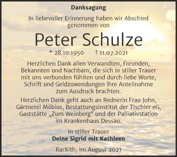 Traueranzeige von Peter Schulze von Trauerkombi Wittenberg