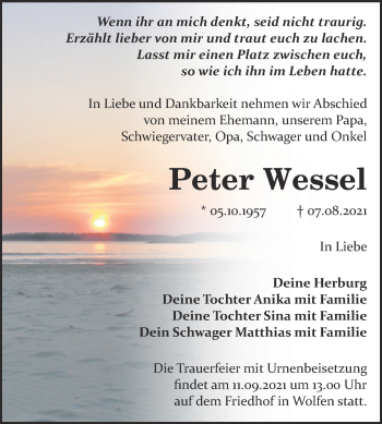 Traueranzeige von Peter Wessel von Trauerkombi Bitterfeld