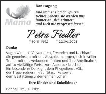 Traueranzeige von Petra Fiedler von Trauerkombi Bitterfeld