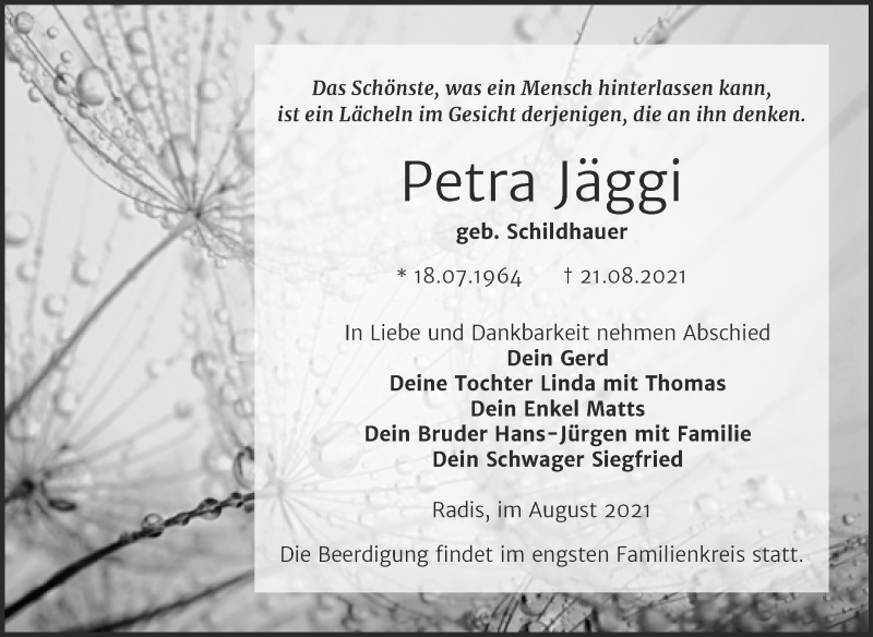  Traueranzeige für Petra Jäggi vom 28.08.2021 aus Trauerkombi Wittenberg