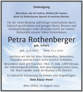 Traueranzeige von Petra Rothenberger von Trauerkombi Köthen