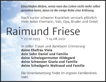 Traueranzeige von Raimund Friese von Trauerkombi Wittenberg
