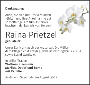 Traueranzeige von Raina Prietzel von Trauerkombi Mansfelder Land