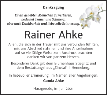Traueranzeige von Rainer Ahke von Super Sonntag Quedlingburg