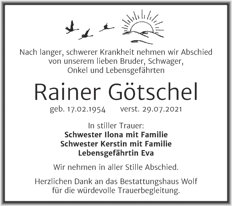  Traueranzeige für Rainer Götschel vom 11.08.2021 aus Wochenspiegel Naumburg/Nebra