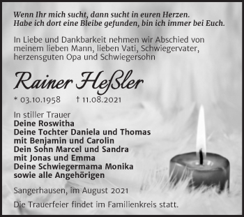 Traueranzeige von Rainer Heßler von Trauerkombi Sangerhausen