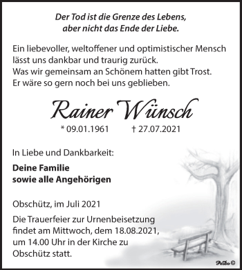 Traueranzeige von Rainer Wünsch von Trauerkombi Weißenfels