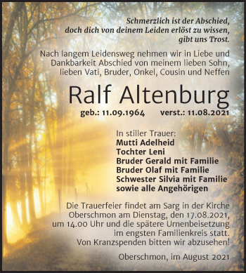 Traueranzeige von Ralf Altenburg von Mitteldeutsche Zeitung Merseburg/Querfurt