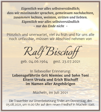 Traueranzeige von Ralf Bischoff von Trauerkombi Merseburg