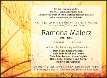 Traueranzeige von Ramona Malerz von Trauerkombi Wittenberg
