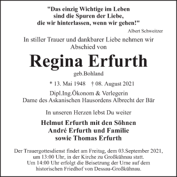 Traueranzeige von Regina Erfurth von Trauerkombi Dessau