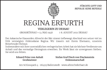 Traueranzeige von Regina Erfurth von Trauerkombi Dessau