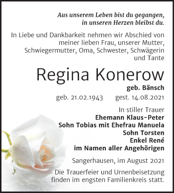 Traueranzeige von Regina Konerow von Trauerkombi Sangerhausen