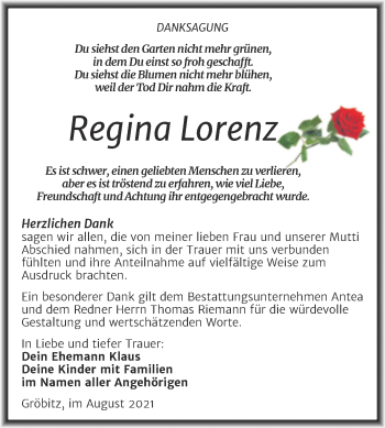 Traueranzeige von Regina Lorenz von Trauerkombi Weißenfels