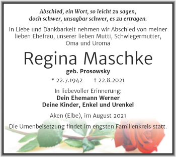 Traueranzeige von Regina Maschke von Trauerkombi Köthen