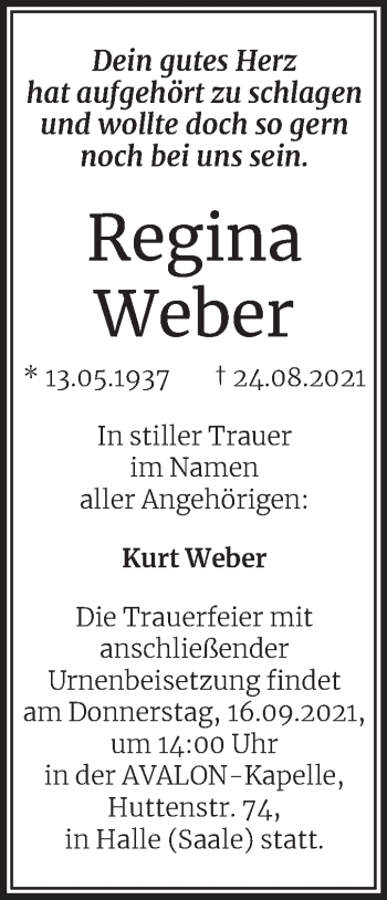 Traueranzeige von Regina Weber von Mitteldeutsche Zeitung Halle/Saalkreis