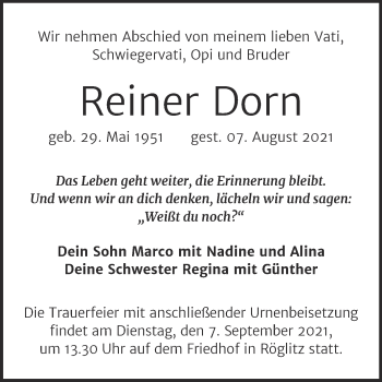 Traueranzeige von Reiner Dorn von Trauerkombi Merseburg