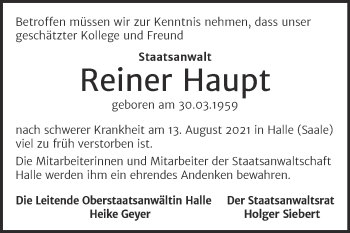 Traueranzeige von Reiner Haupt von Mitteldeutsche Zeitung Halle/Saalkreis