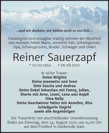 Traueranzeige von Reiner Sauerzapf von Trauerkombi Quedlinburg