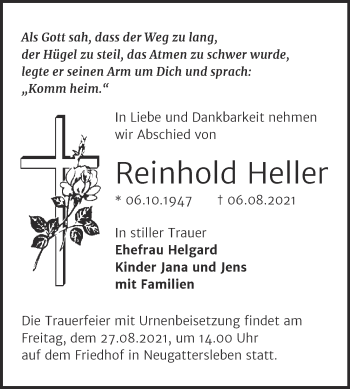 Traueranzeige von Reinhold Heller von Trauerkombi Bernburg