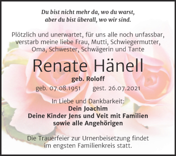 Traueranzeige von Renate Hänell von Trauerkombi Mansfelder Land