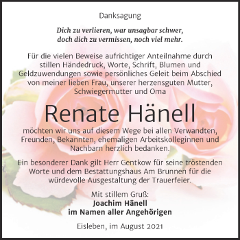 Traueranzeige von Renate Hänell von Trauerkombi Mansfelder Land