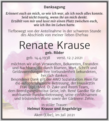 Traueranzeige von Renate Krause von Trauerkombi Köthen